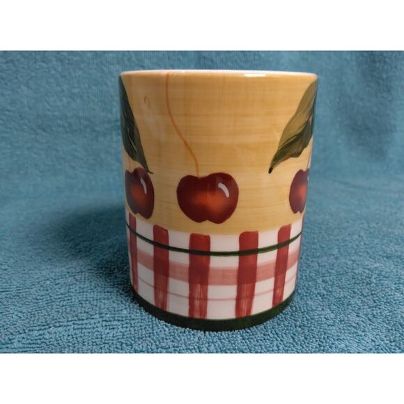 Lillian Vernon Red Cherries & Striped Fence Drinking Coffee Tea Mug Ceramic - Picture 4 of 8